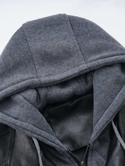 2 In 1 PU Leather Jacket With Detachable Hood