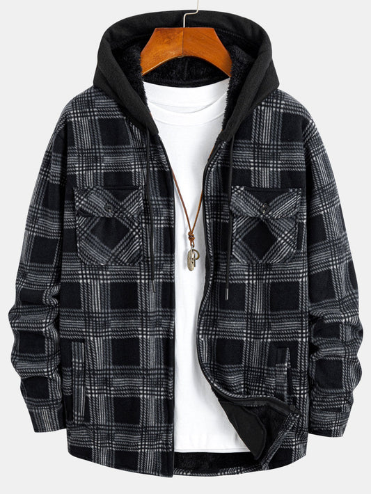 Teddy Lined Zip Up Flannel Plaid Hooded Shirt