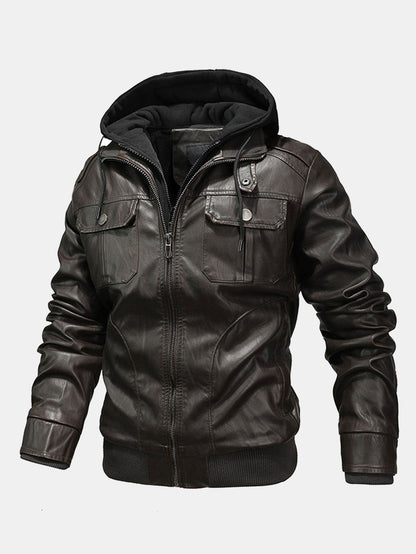 2 In 1 PU Leather Jacket With Detachable Hood