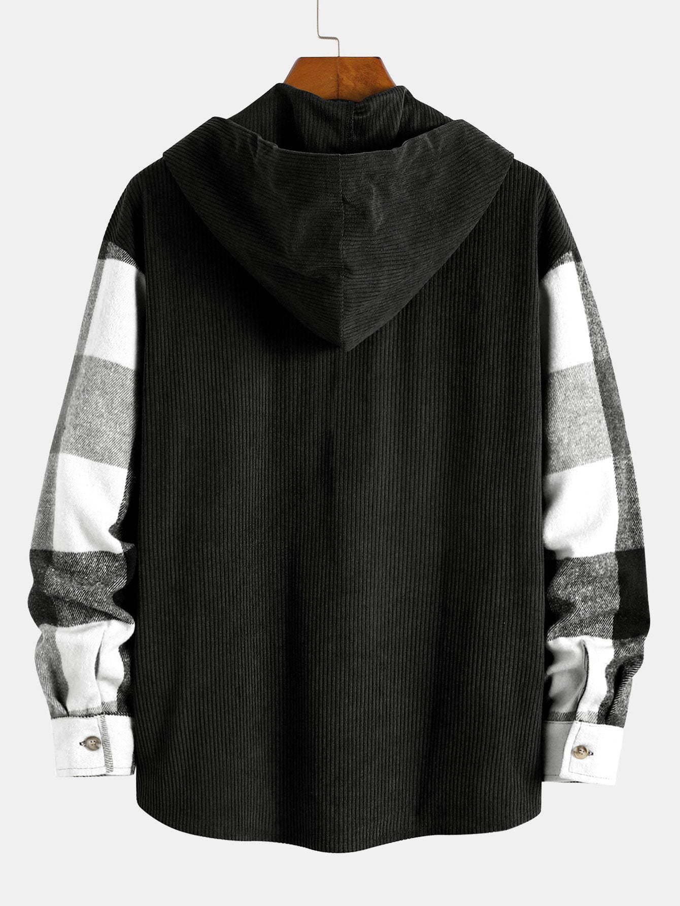 Relax Fit Flannel Plaid Corduroy Patchwork Hooded Shirt