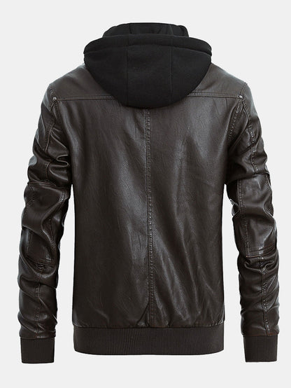 2 In 1 PU Leather Jacket With Detachable Hood