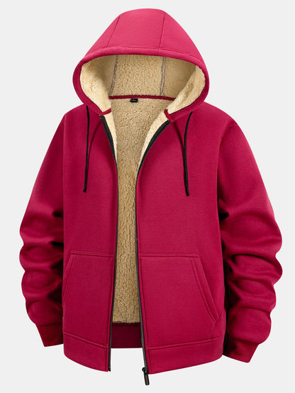 Teddy Lined Zipper Kangaroo Pocket Hoodie