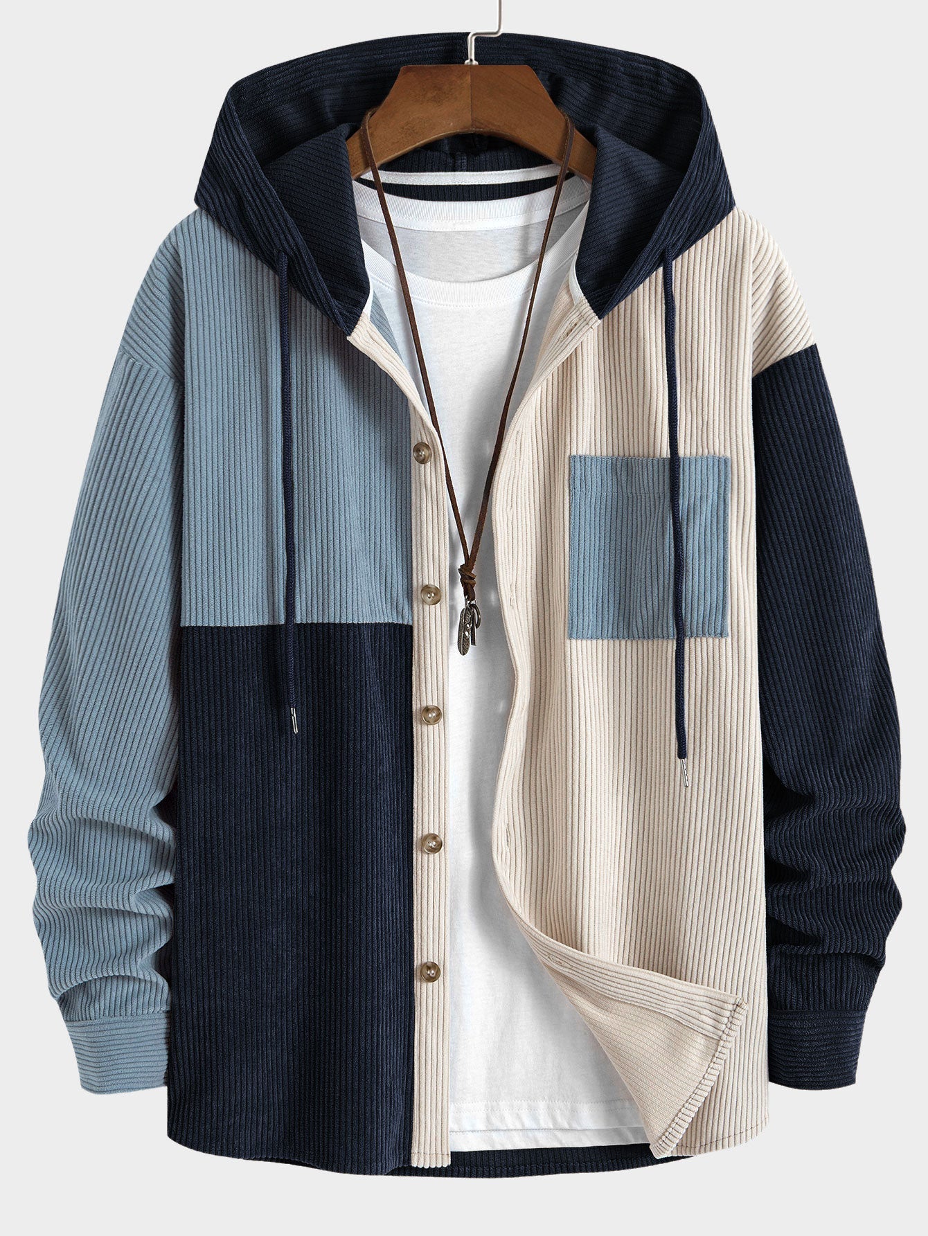 Relax Fit Colorblock Corduroy Hooded Shirt
