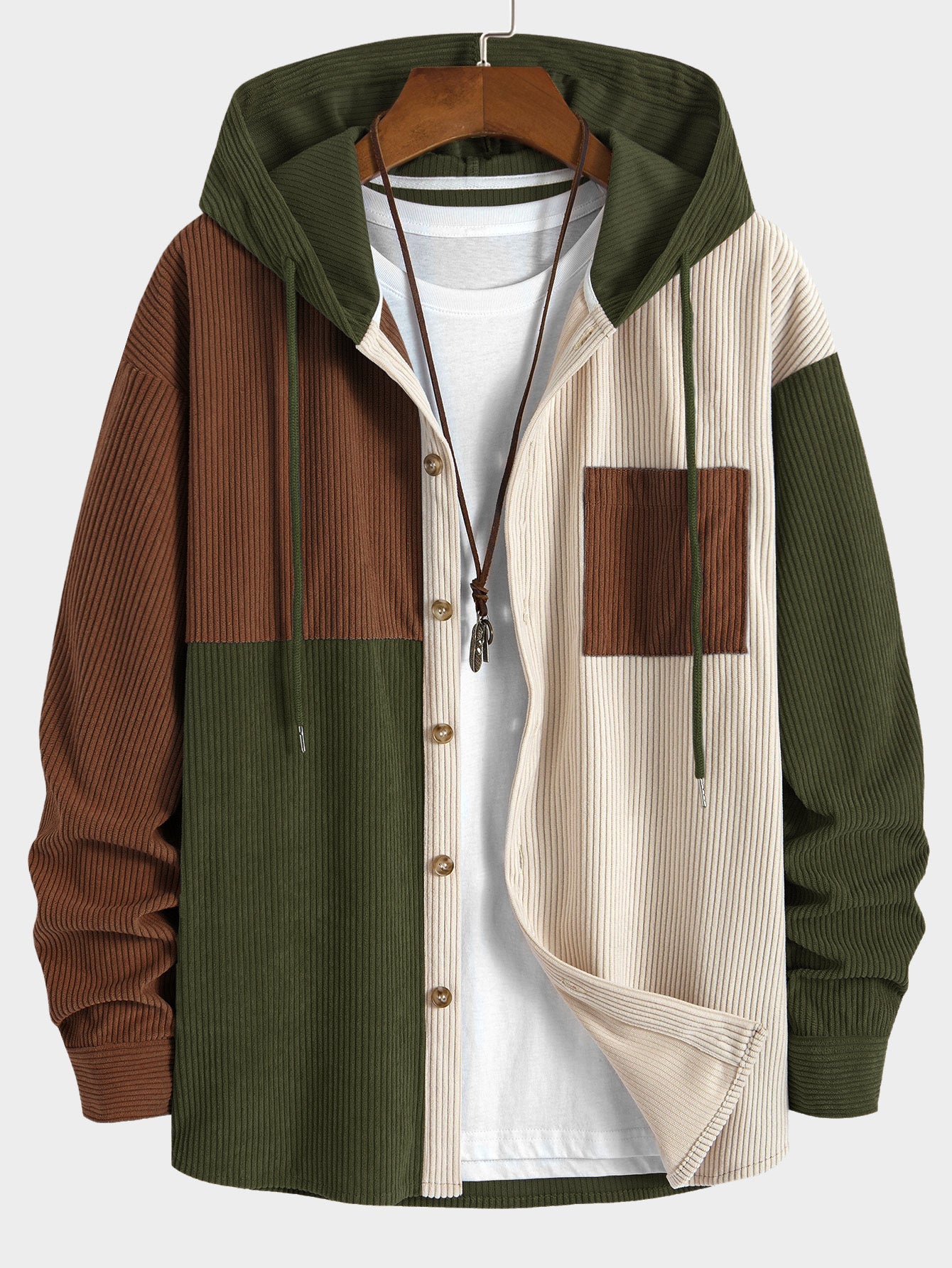 Relax Fit Colorblock Corduroy Hooded Shirt