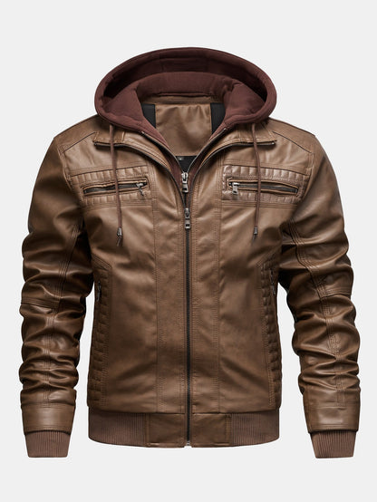 2 In 1 PU Leather Jacket With Detachable Hood