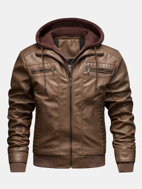 2 In 1 PU Leather Jacket With Detachable Hood