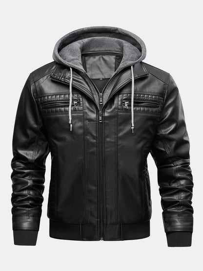 2 In 1 PU Leather Jacket With Detachable Hood