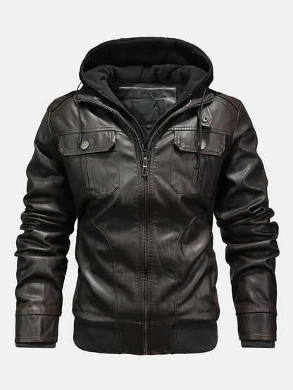 2 In 1 PU Leather Jacket With Detachable Hood