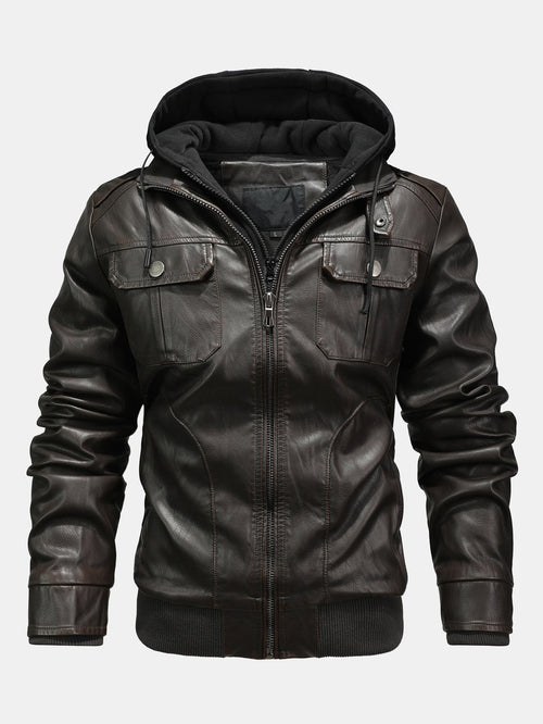 2 In 1 PU Leather Jacket With Detachable Hood