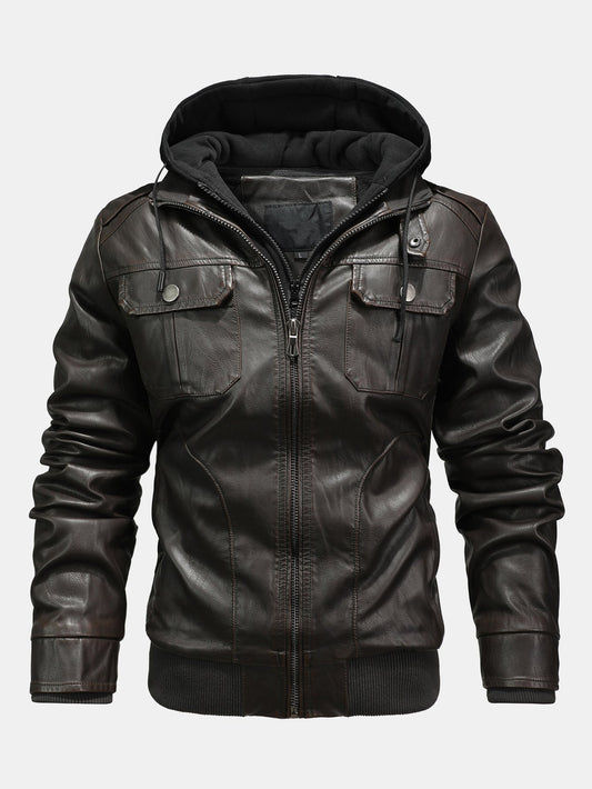 2 In 1 PU Leather Jacket With Detachable Hood