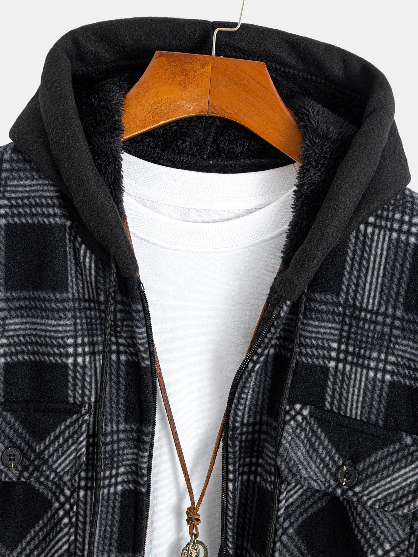 Teddy Lined Zip Up Flannel Plaid Hooded Shirt