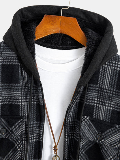 Teddy Lined Zip Up Flannel Plaid Hooded Shirt