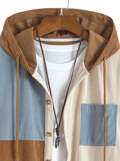 Relax Fit Colorblock Corduroy Hooded Shirt